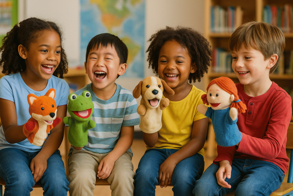 Children holding colorful hand puppets.