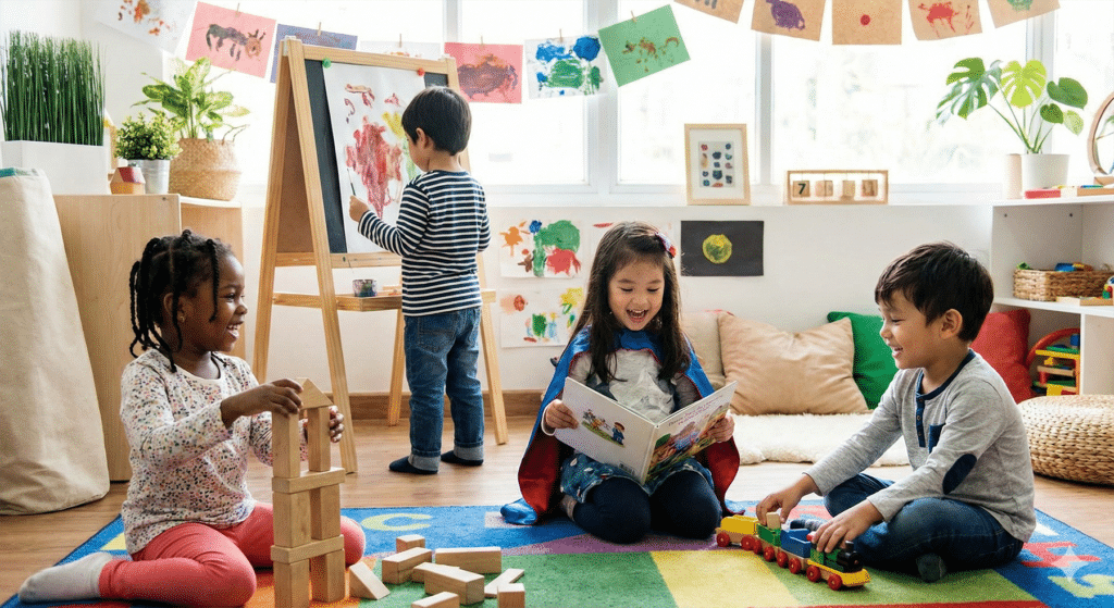 Children engaged in creative activities indoors.